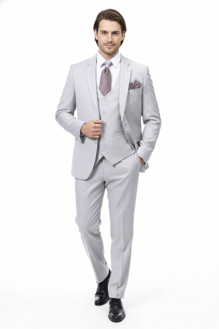 Men’s Very Light Gray Three-Piece Wedding Suit 2 Buttons Modern or Slim Fit Ash Bone Color Steel Grey USA Men's Outlet