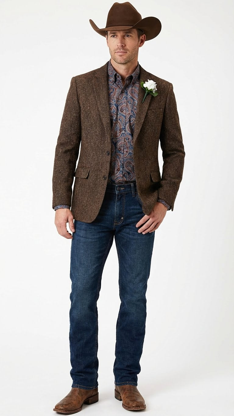 Saco Vaquero Men’s Brown Western Tweed Herringbone Blazer Jacket – Classic Cowboy Style Sport Coat for Wedding Party
