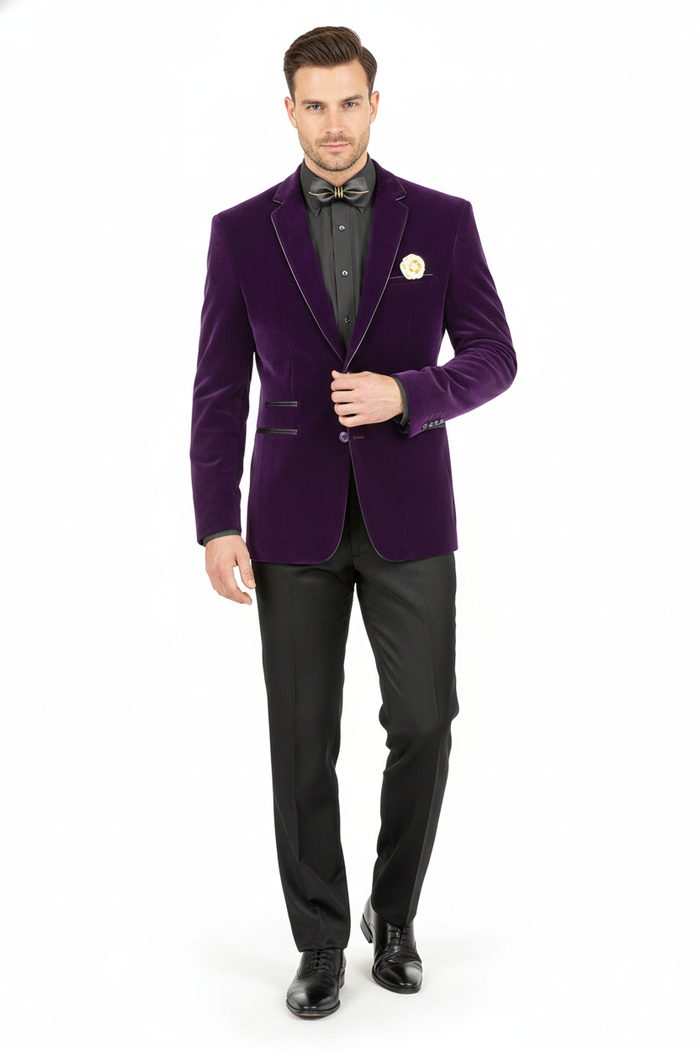 Men’s Purple Velvet Blazer - Luxury Slim Fit Formal Jacket with Black Satin Trim Tuxedo Dinner Jacket by USA Men's Outlet