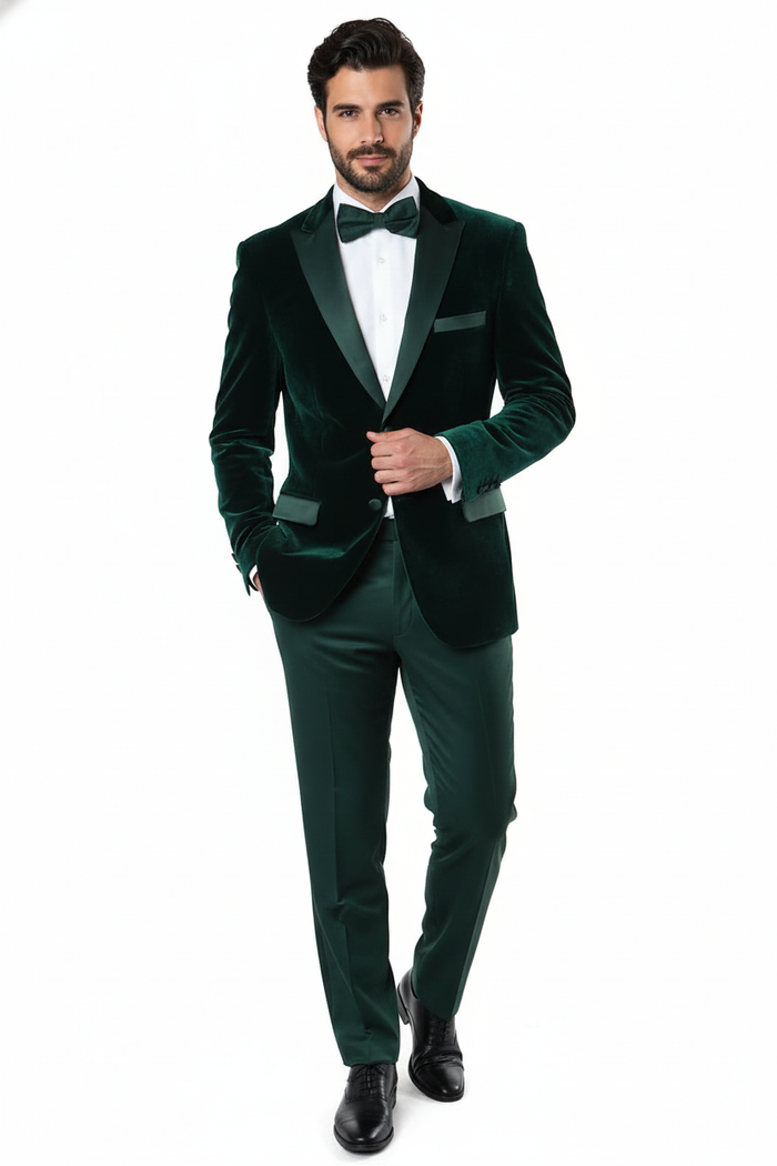 Men’s Dark Green Velvet Tuxedo Dinner Jacket - Slim Fit Formal Blazer with Satin Peak Lapel Lape by USA Men's Outlet