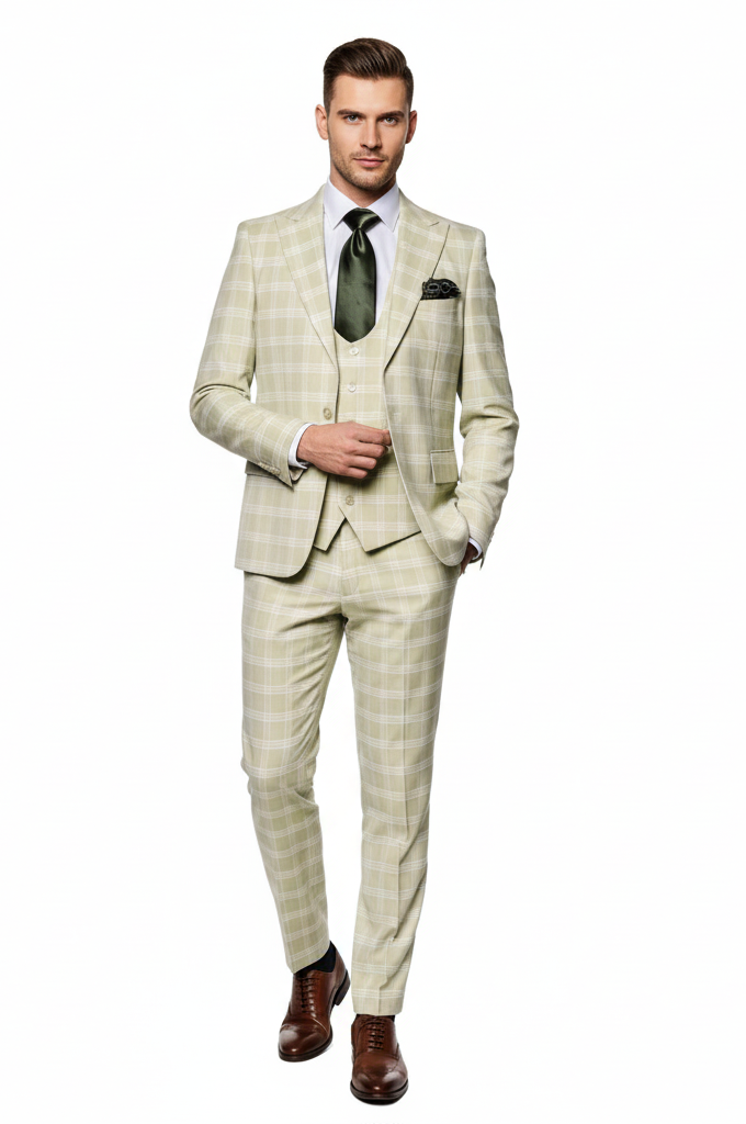 Men’s Light Beige Check 3-Piece Suit Set - Premium Tailored Fit Formal Wedding and Spring Event Suit Light Tan Sand Color By Rossiman USA Men's Outlet