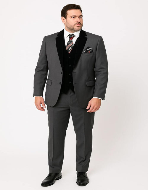 Men's Charcoal Gray 3-Piece Suit with Black Velvet Lapel – Formal Business and Wedding Attire - Gray Tuxedo