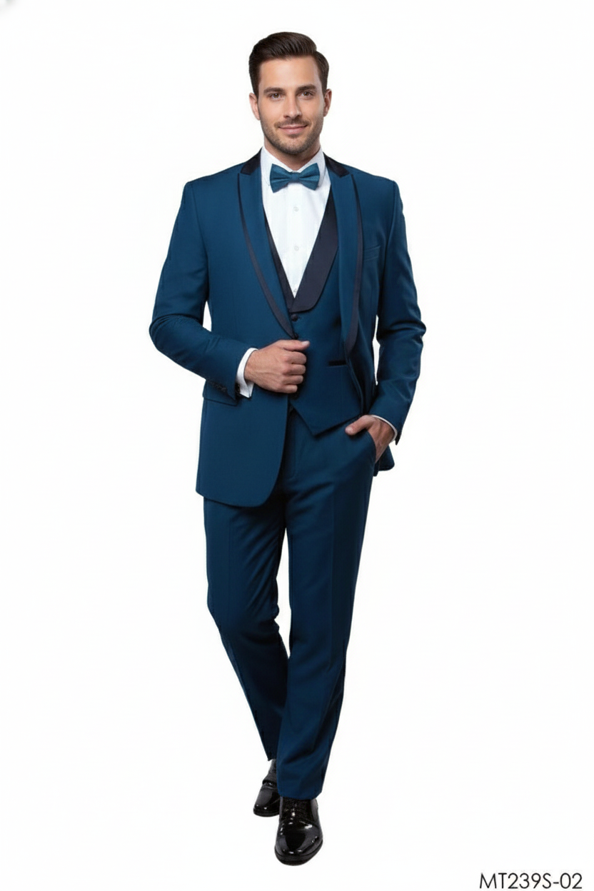 Men’s Teal Blue Tuxedo – 3-Piece Formal Suit with Satin Shawl Lapel, Vest, and Pants in Saphire Cobalt Blue Color – SuitUSA
