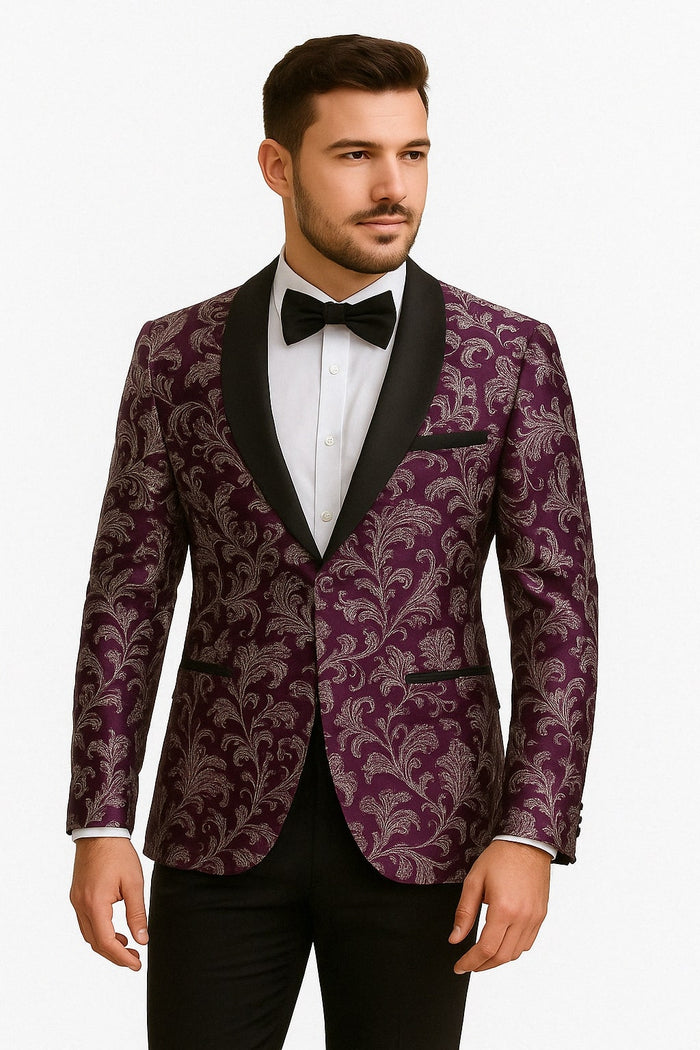 Mens Purple and White Paisley Floral Brocade Tuxedo Jacket - Suit with Satin Lapel Wtih Black Pants by USA Men's Outlet