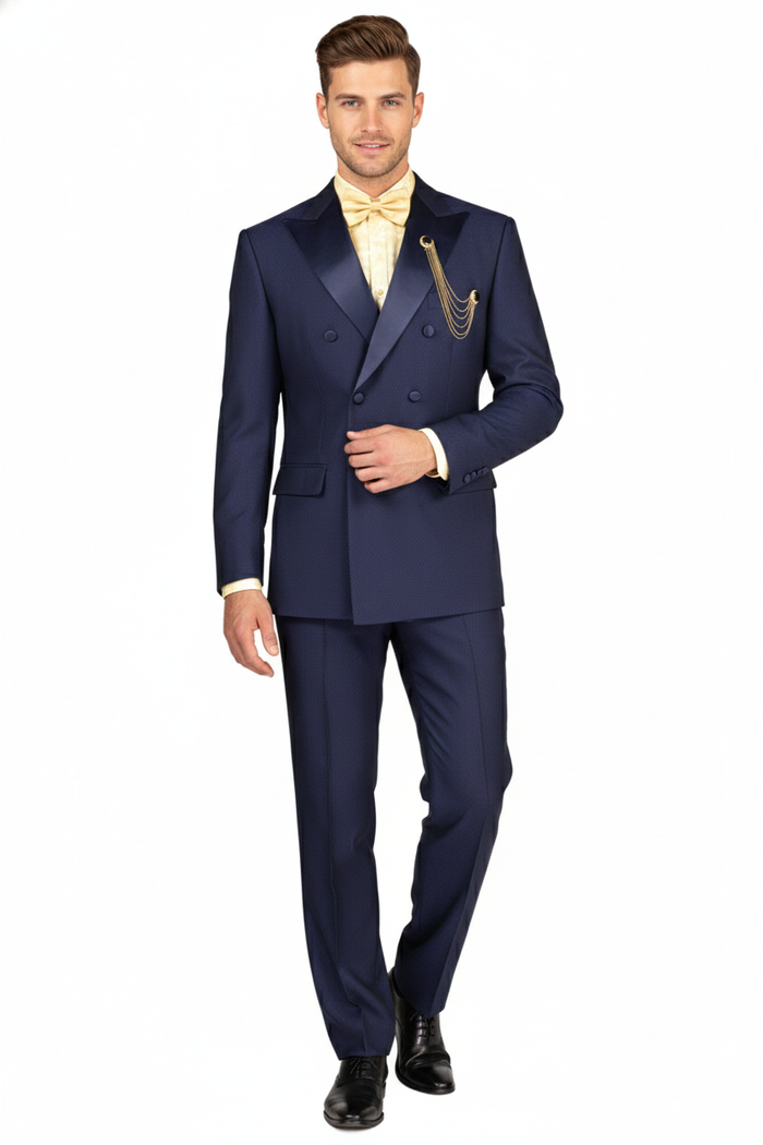 Men’s Navy Blue Double-Breasted Tuxedo with navy Satin Peak Lapel Wedding Suit by USA Men's Outlet