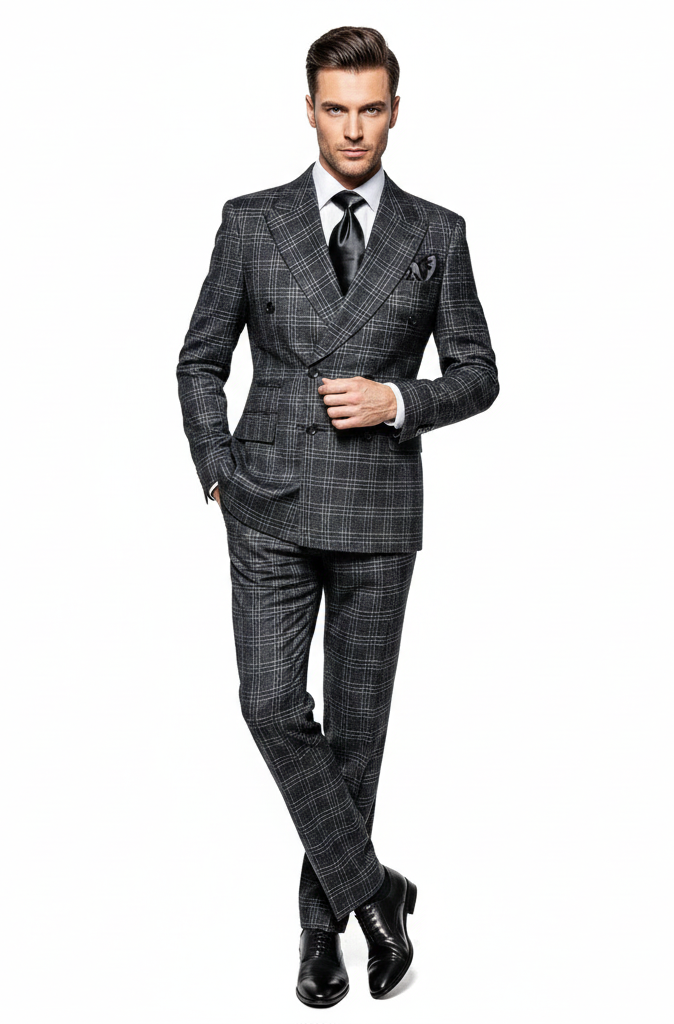Men’s Charcoal Plaid Double-Breasted Suit - Tailored Pants Windowpane Pattern By Rossiman - USA Men's Outlet
