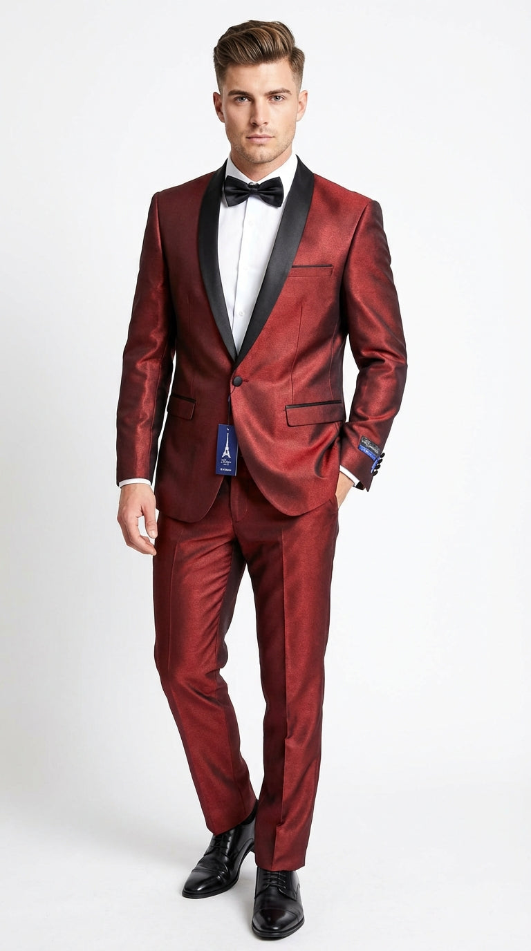 Men’s Shiny Burgundy Satin Tuxedo Jacket with Black Shawl Lapel | Formal Wedding & Prom Blazer - Sharkskin Fabric – SuitUSA