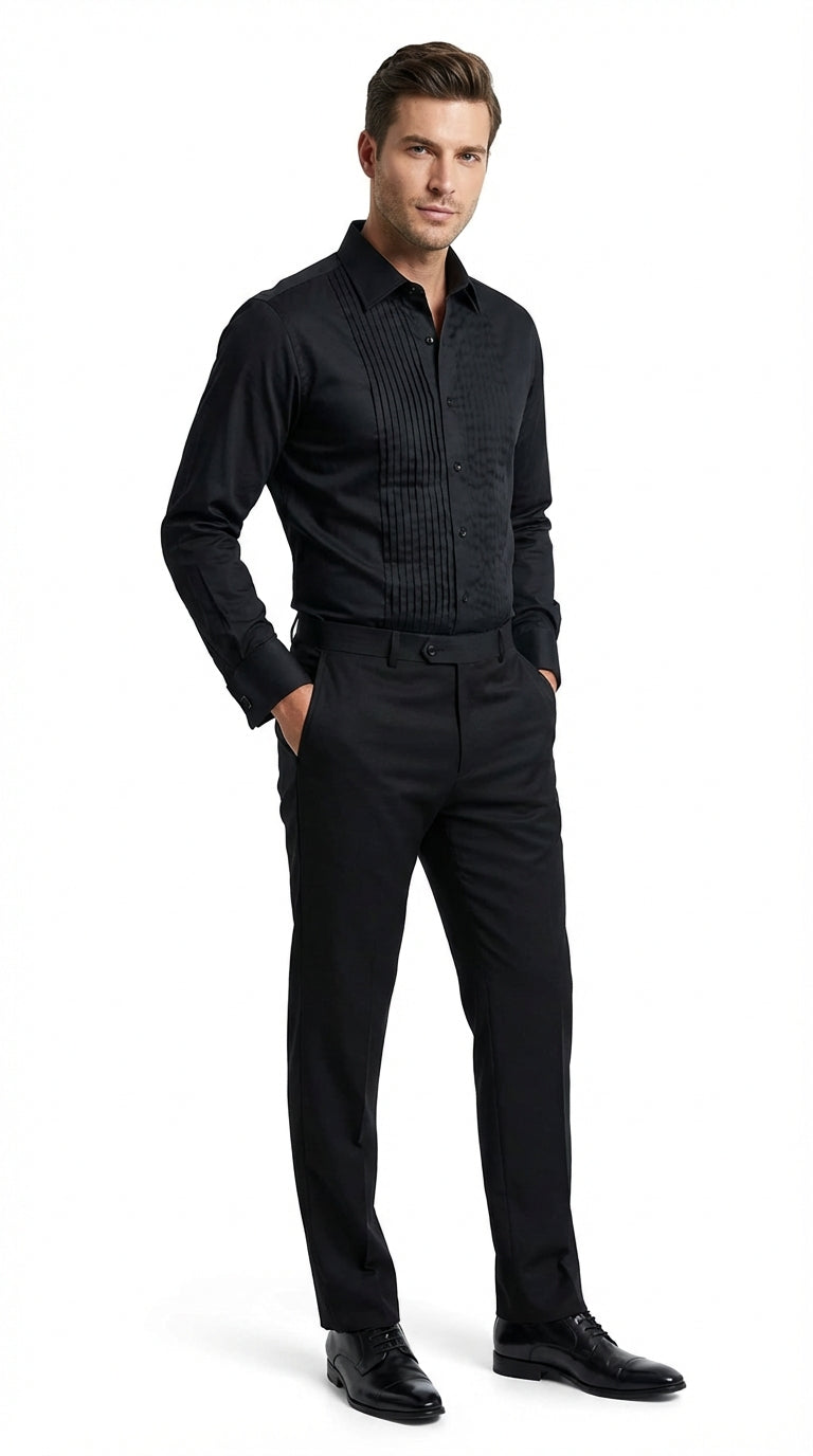 Men’s Black Pleated Tuxedo Dress Shirt | Formal Laydown Collar Button-Up Shirt for Weddings & Black Tie By Tiglio