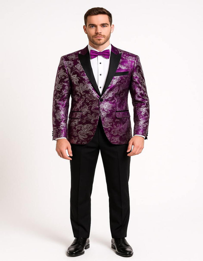 Product Title: Men's Pinkish ~ Purple Paisley Tuxedo Jacket with Black Satin Lapel – Formal Prom and Wedding Blazer in Meganta Color