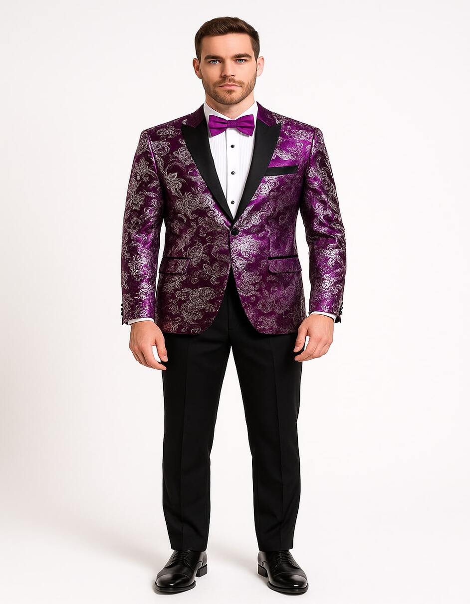 Product Title: Men's Pinkish ~ Purple Paisley Tuxedo Jacket with Black Satin Lapel – Formal Prom and Wedding Blazer in Meganta Color