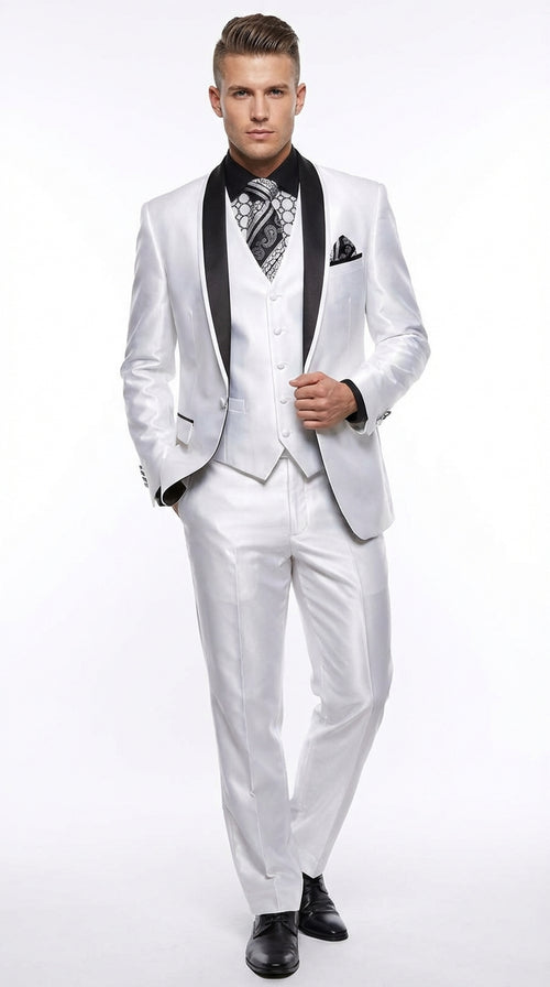 Men’s White Shiny Flashy Fabric Tuxedo Suit with Black Shawl Lapel | Luxury Formal Wedding and Evening Suit Sharkskin Metallic Fabric