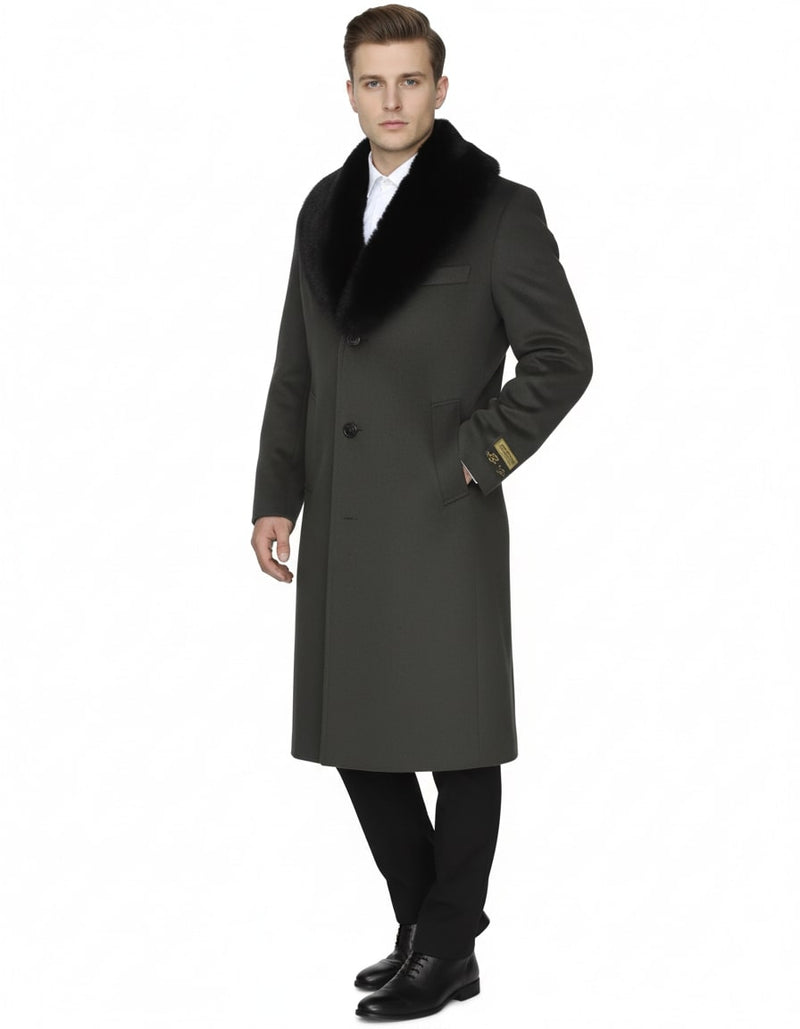 Mens Full Length Olive Overcoat with Black Fur Collar – Luxury Wool Fabric Winter Long Coat in Hunter Green