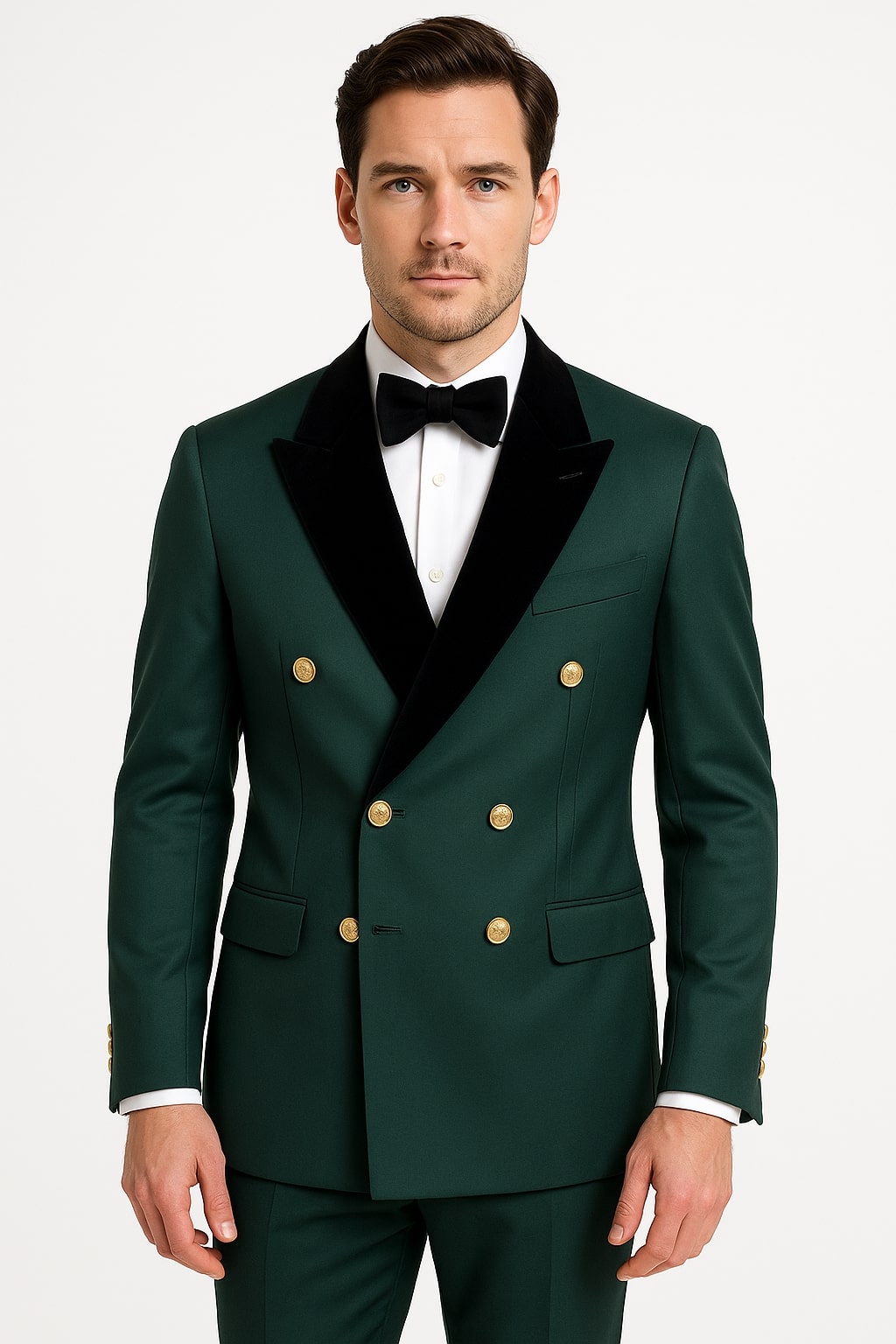 Men's Green Double-Breasted Wedding Tuxedo with Black Velvet Lapel and Gold Buttons – SuitUSA