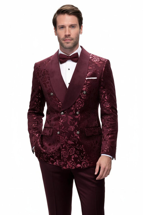 Men’s Burgundy Floral Jacquard Tuxedo Dinner Jacket – Paisley Velvet Lapel Formal Wear for Weddings and Prom