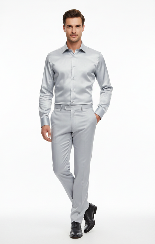 Men’s Silver Satin Dress Shirt and Pants Set – Luxury Slim Fit Outfit for Parties, Weddings, and Formal Events