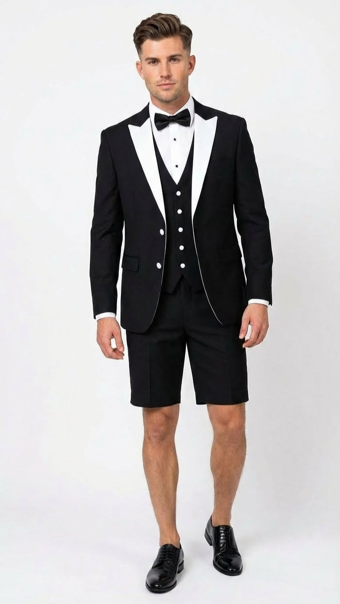 Men’s Black and White Tuxedo Shorts Suit – Modern Formal Tuxedo with Pants for Wedding, Party and Special Events