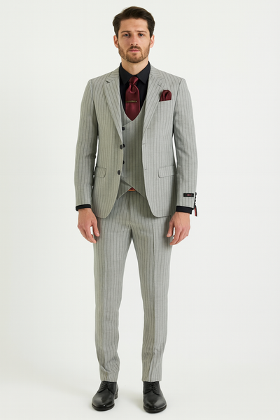 Men’s 3-Piece Light Grey Pinstripe Suit with Vest – Classic Business, Wedding, and Formal Attire