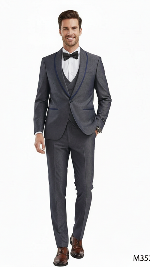 Men’s Charcoal Gray with blue Trim Slim Fit 3-Piece Suit - Modern Wedding and Business Formal Tuxedo Set by USA Men's Outlet