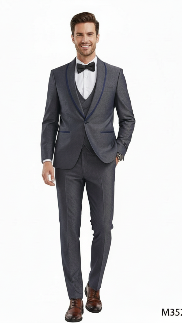 Men’s Charcoal Gray with blue Trim Slim Fit 3-Piece Suit - Modern Wedding and Business Formal Tuxedo Set by USA Men's Outlet