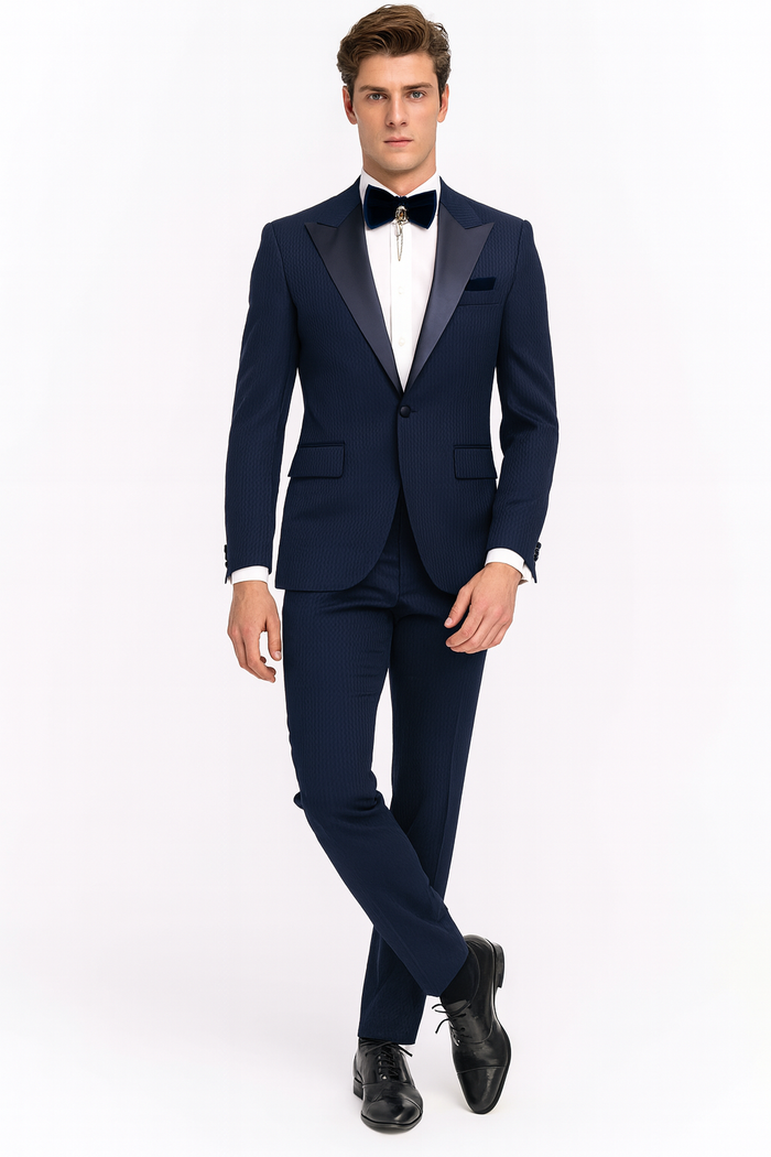 Men’s Navy Blue Tuxedo with Satin Peak Lapel With Matching Color Lapel Sateen - Formal 2 Piece Suit by USA Men's Outlet