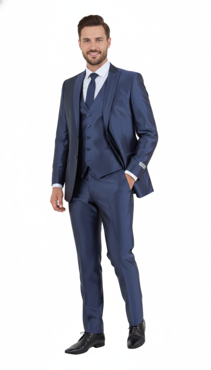 Men’s Navy Blue Shiny Finish 3-Piece Suit Set - Premium Tailored Fit Formal Wedding and Party Sateen Slim Fitted Suit by USA Men's Outlet