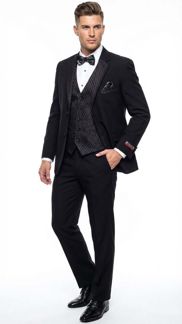 Men's Black Vested Tuxedo Suit with Patterned Lapel – Classic Formal Suit for Wedding, Party and Evening Events