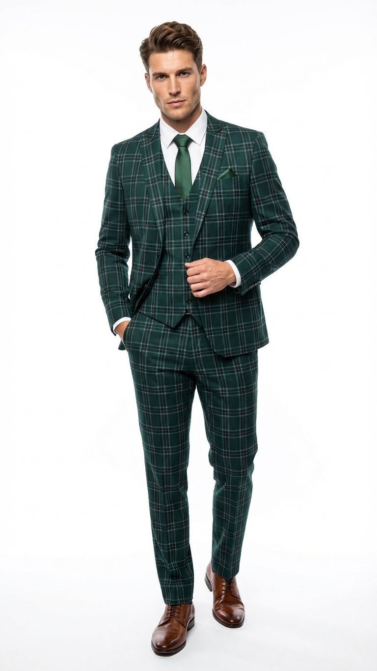 Men's Dark Green Plaid 3 Piece Suit – Checkered Suit Set for Wedding, Windowpane Tartan Fabric - Ultra Slim Fit – SuitUSA