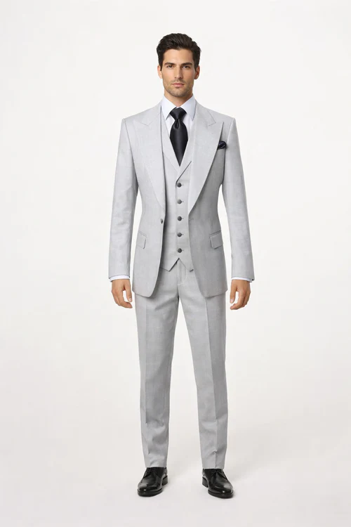 Suits With Baggy Pleated Pants - Wide Leg Pants 100% Wool - Classic Fit in Grey One Button 3 Piece Suit by Rossiman USA Men's Outlet