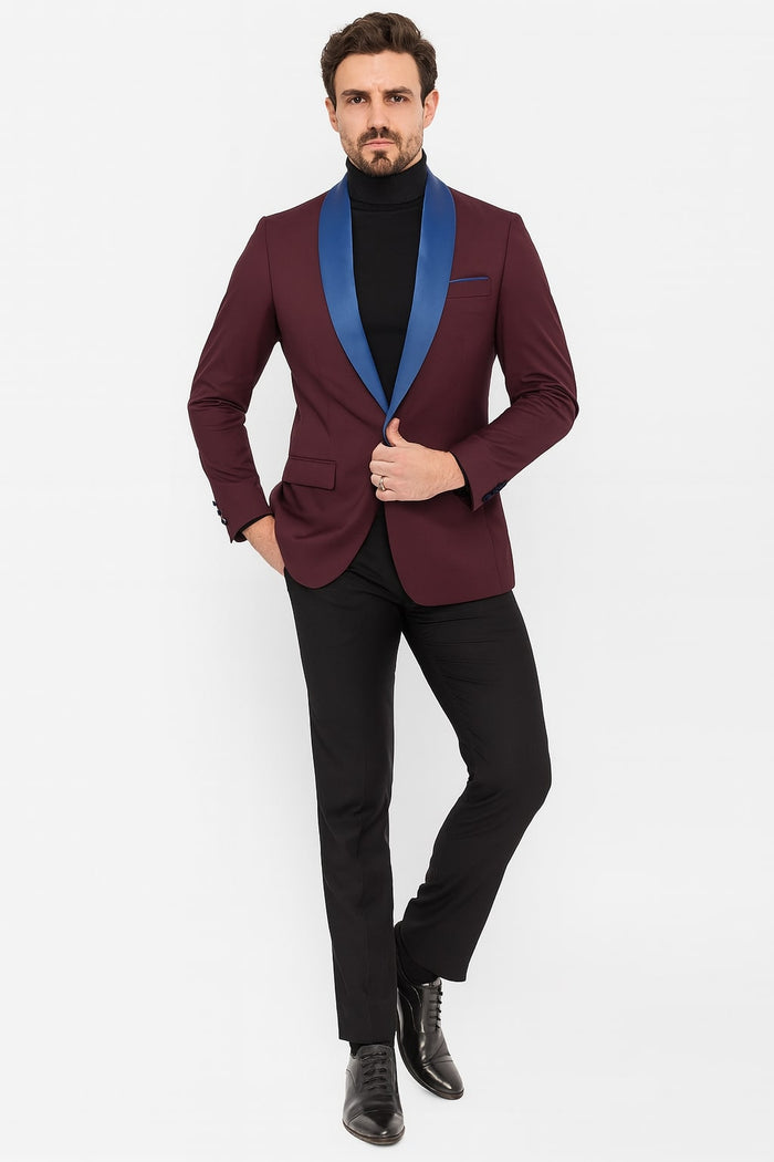 Mens Burgundy Tuxedo Dinner Jacket Blazer with Blue Satin Shawl Lapel Wedding and Party Jacket USA Men's Outlet