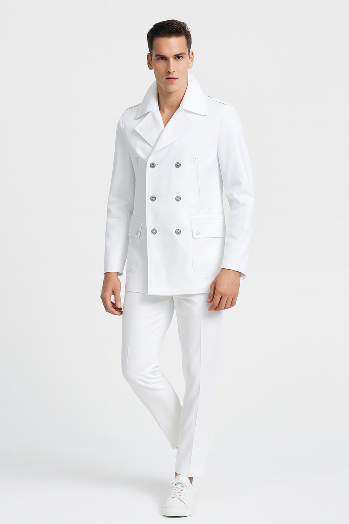 Men’s White Double-Breasted Peacoat Jacket - Classic Stylish Outerwear Wool Fabric Slim Fitted by USA Men's Outlet