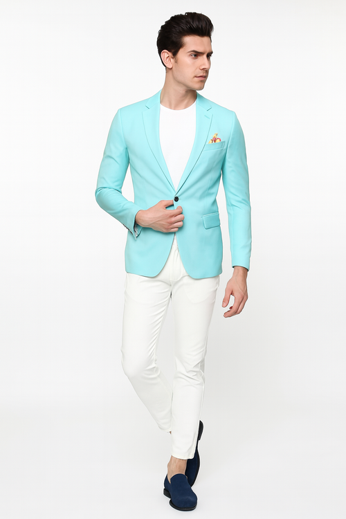 Men’s Aqua Blazer – Slim Fit One Button Suit Jacket with Stylish Floral Inner Lining - Light Turquoise