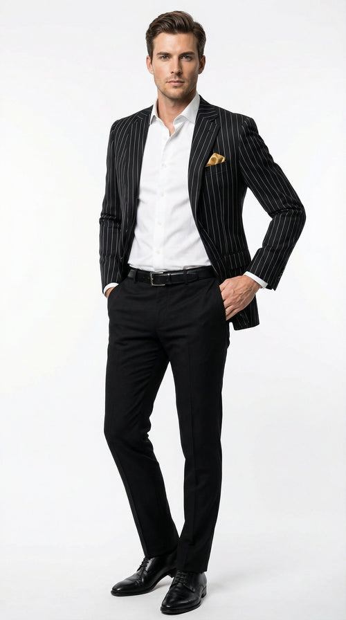Men’s Black Pinstripe Blazer –Classic Tailored Formal Jacket for Business, Office and Evening Wear