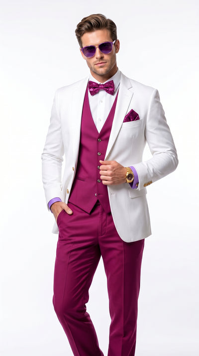 Men’s White and Burgundy Tuxedo Wedding Suit with Blazer, Vest, Pants and Bow Tie, Formal Groom Suit