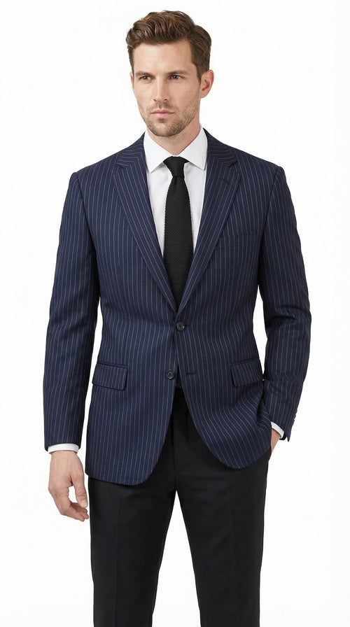 Men’s Navy Blue Pinstripe Blazer – Classic Tailored Formal Jacket for Business, Office and Professional Wear