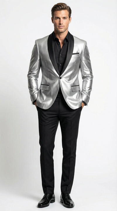 Men’s Shiny Silver Blazer with Black Lapel – Luxury Metallic Formal Jacket for Party, Evening and Special Events