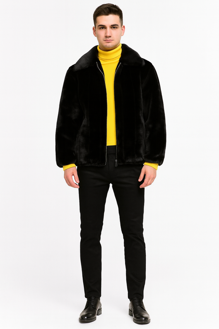 Men’s Black Faux Fur Jacket - Luxury Winter Zip-Up Coat with Soft Plush Finish by USA Men's Outlet