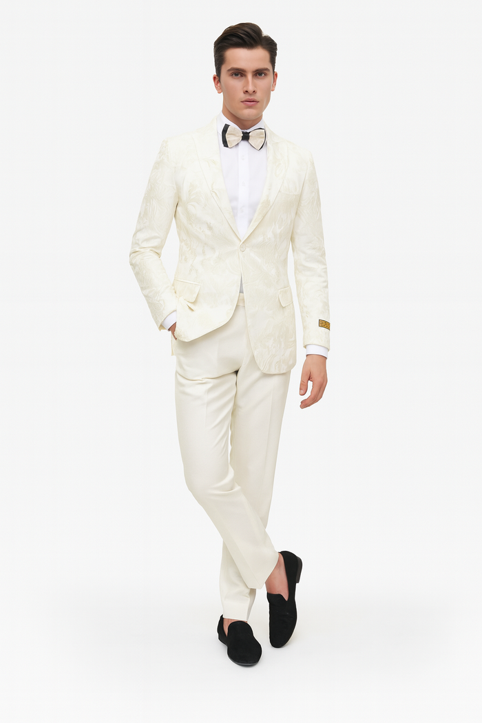 Men’s Ivory Floral Embroidered Tuxedo Jacket - Elegant Wedding and Party Blazer in Cream Color With Ivory Pants USA Men's Outlet