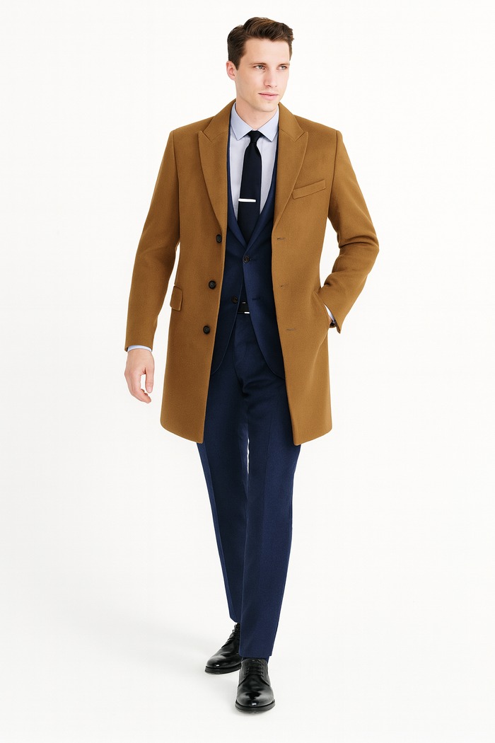 Men’s Camel Brown Wool Overcoat - Classic Long Dress Coat for Business and Casual Wear in Vecuna Color by USA Men's Outlet