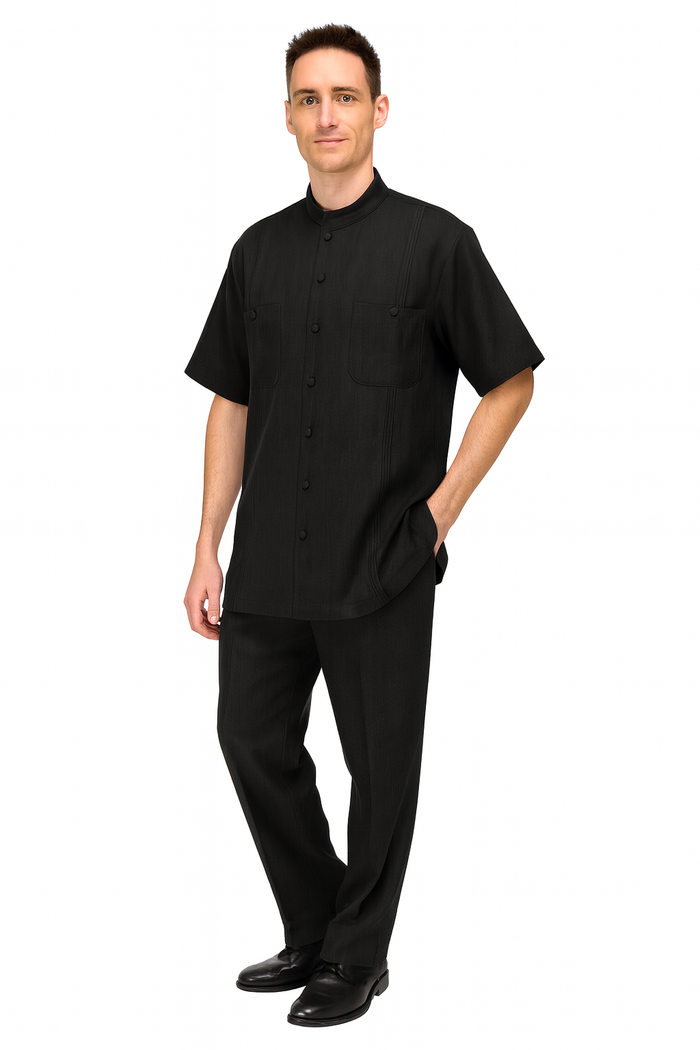Men’s Black Banded Collar Walking Suit - Short Sleeve Shirt and Matching Pants Banded Collar Linen Fabric by USA Men's Outlet