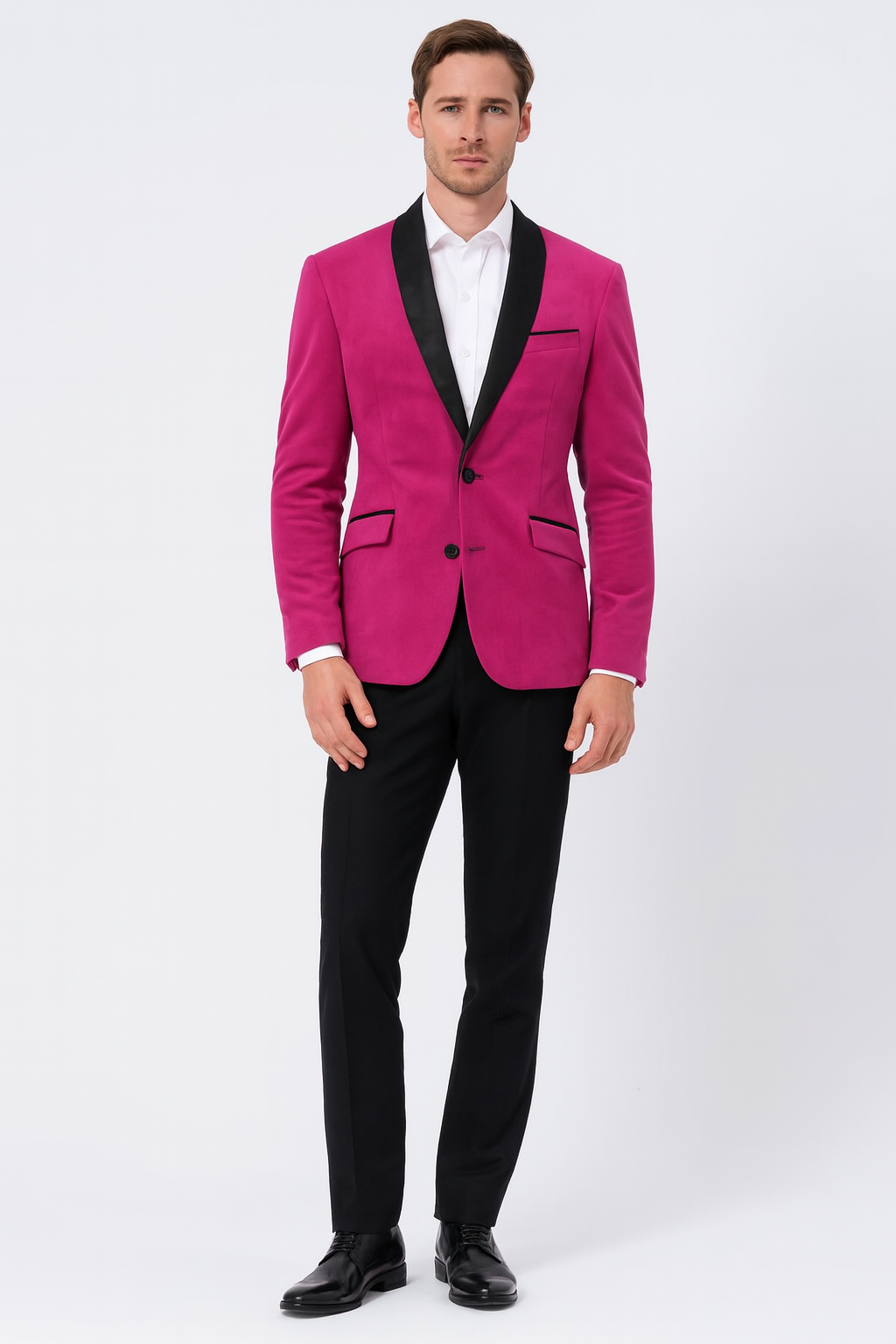Men’s Fuchsia Tuxedo Blazer with Black Satin Lapel – Stylish Party and Wedding Jacket in Hot Pink Color with Black Pants