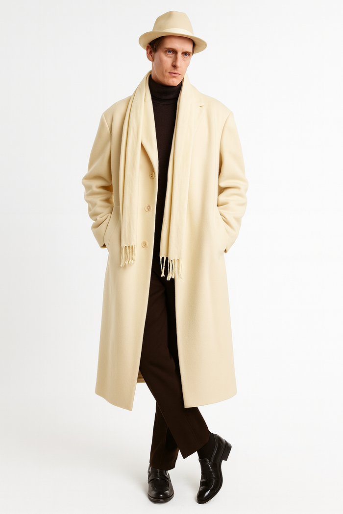 Men’s Long Cream Overcoat Wool Fabric in Ivory Off White Color Full length by USA Men's Outlet