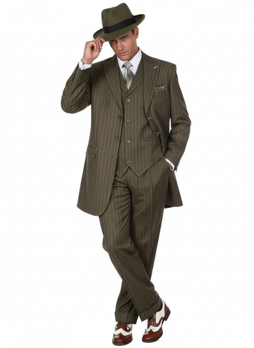 Mens Olive Green Pinstripe Zoot Suit – 1920s Gangster Vintage 3-Piece Suit for Formal and Themed Events