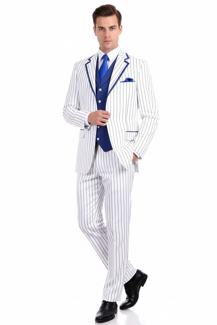 Men’s White and Royal Blue Pinstripe 3-Piece Suit - Classic Fit Blazer with Vest, Pants, and Tie by USA Men's Outlet