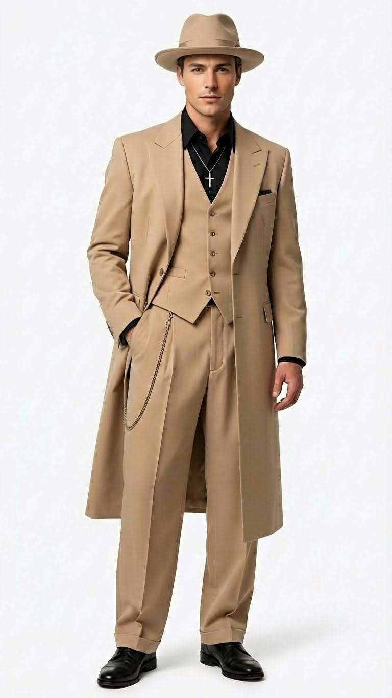 Men’s 1920s Beige Zoot Suit – Long Mafia Gangster Three-Piece Suit in Tan Khaki Color 40 inch Zuit Pachuco Suit – SuitUSA