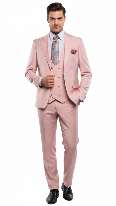 Men’s Blush Pink and Gold Three-Piece Suit - Tailored Fit Formal Wedding, Vested Suit By Rossiman USA Men's Outlet