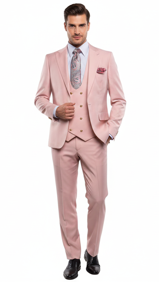Men’s Blush Pink and Gold Three-Piece Suit - Tailored Fit Formal Wedding, Vested Suit By Rossiman USA Men's Outlet
