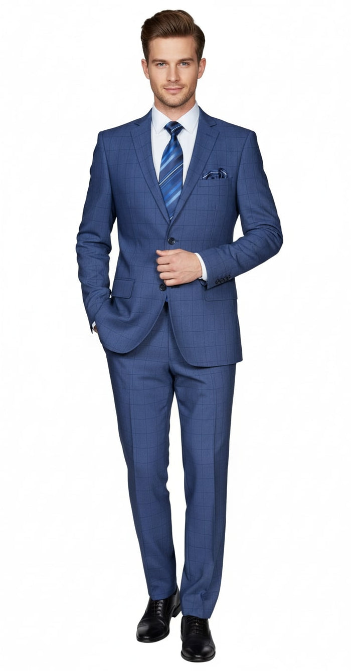 Mens Indigo Navy Blue Windowpane Check Suit - Classic 2-Piece Formal Business and Wedding Wear Set in Cobalt Blue by USA Men's Outlet