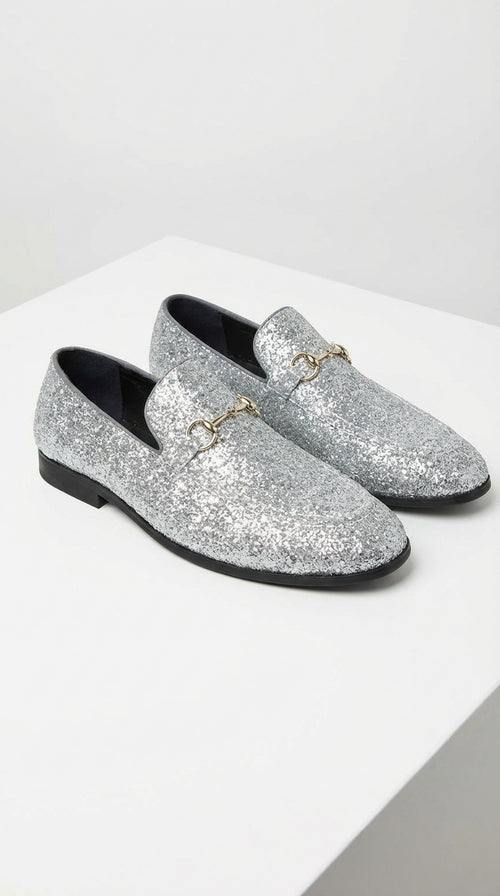 Men's Silver Gray Glitter Loafers | Sparkly Dress Shoes for Wedding, Prom, Party & Formal Events