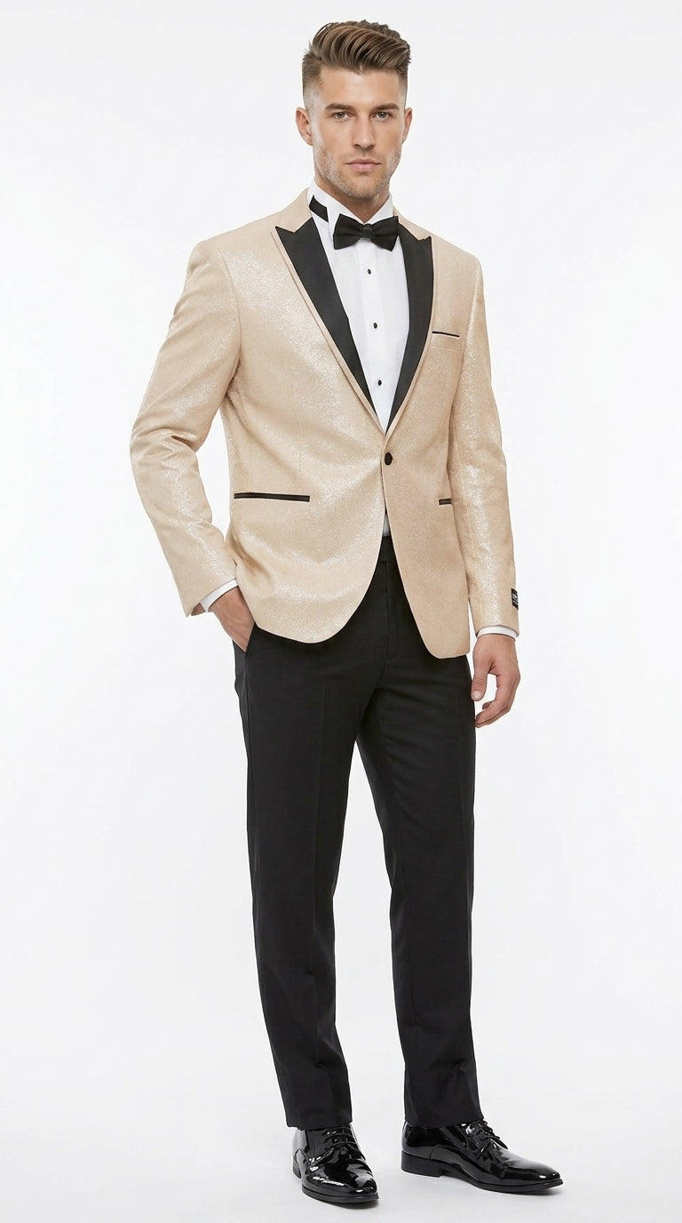 Men’s Gold Blazer with Black Lapel – Elegant Gold Formal Blazer Jacket for Wedding, Prom, Tuxedo in champagne Color – SuitUSA