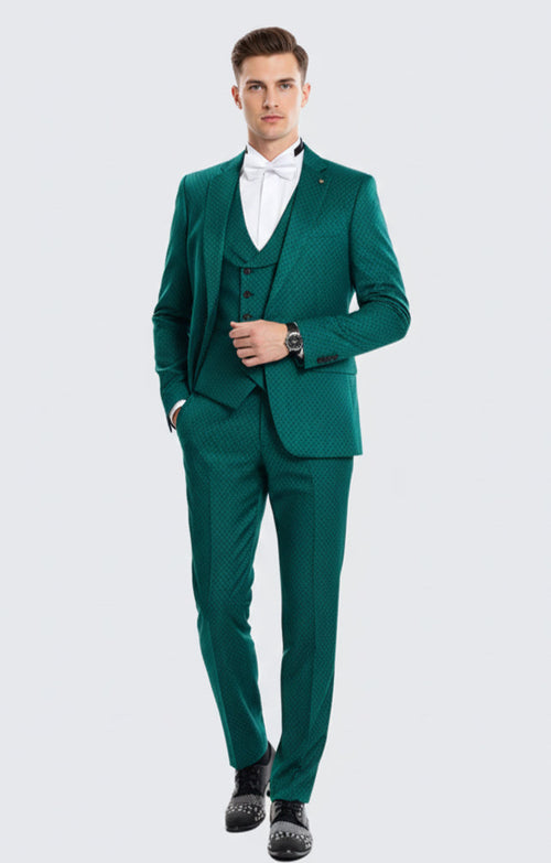 Men's Emerald Green Textured 3-Piece Suit - Polk Dot Pattern Formal Wedding, Prom, and Evening Wear Outfit by USA Men's Outlet - SuitUSA Men's Emerald Green Textured 3-Piece Suit - Polk Dot Pattern Formal Wedding, Prom, and Evening Wear Outfit by USA Men's Outlet - SuitUSA